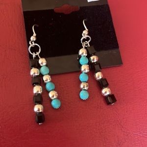 Handmade Turquoise, Black, and Silver Beaded Earrings